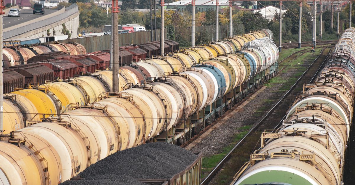 Rows of colorful freight trains carrying cargo in an outdoor railway station.